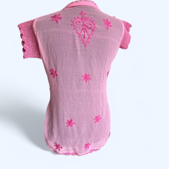 Pink sheer delicate floral embroidered sequin top crochet sleeves size small - Picture 2 of 8